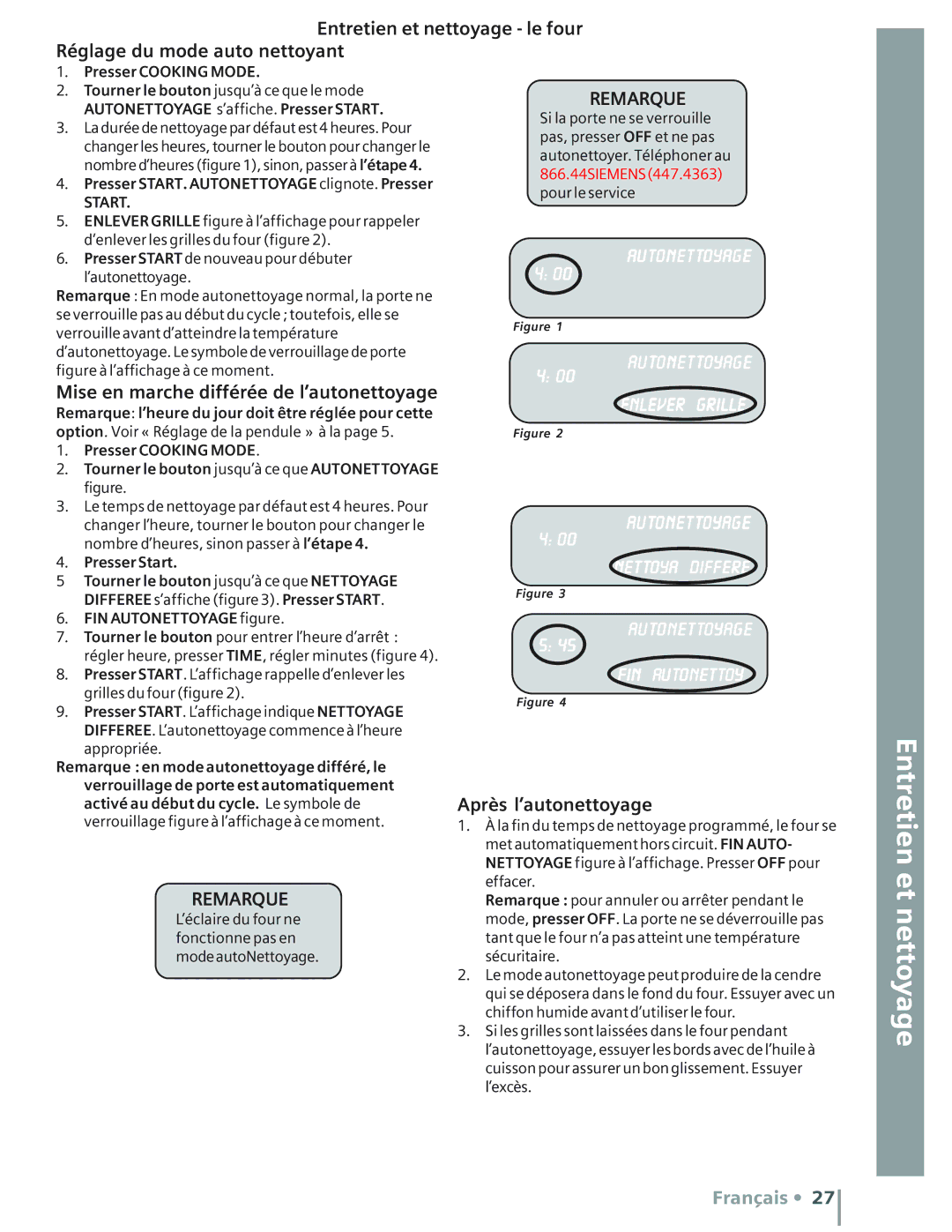 Bosch Appliances HE2416U manual Mise en marche différée de l’autonettoyage, Après l’autonettoyage, FIN Autonettoyage figure 