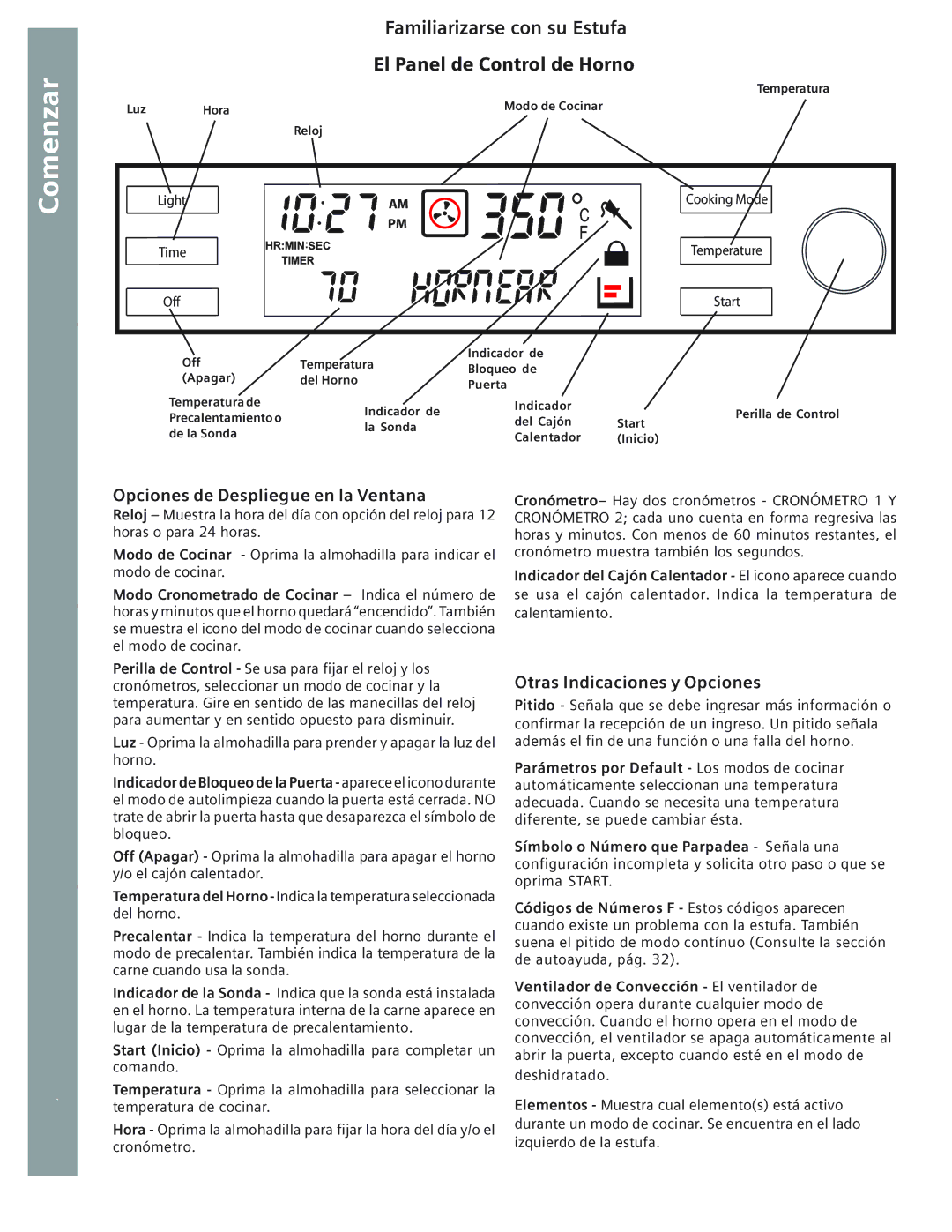 Bosch Appliances HE2415U, HE2516U manual Comenzar Usar La Estufa, Familiarizarse con su Estufa El Panel de Control de Horno 