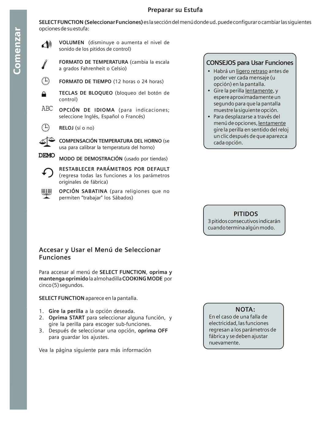 Bosch Appliances HE2416C Consejos para Usar Funciones, Pitidos, Accesar y Usar el Menú de Seleccionar Funciones, Nota 