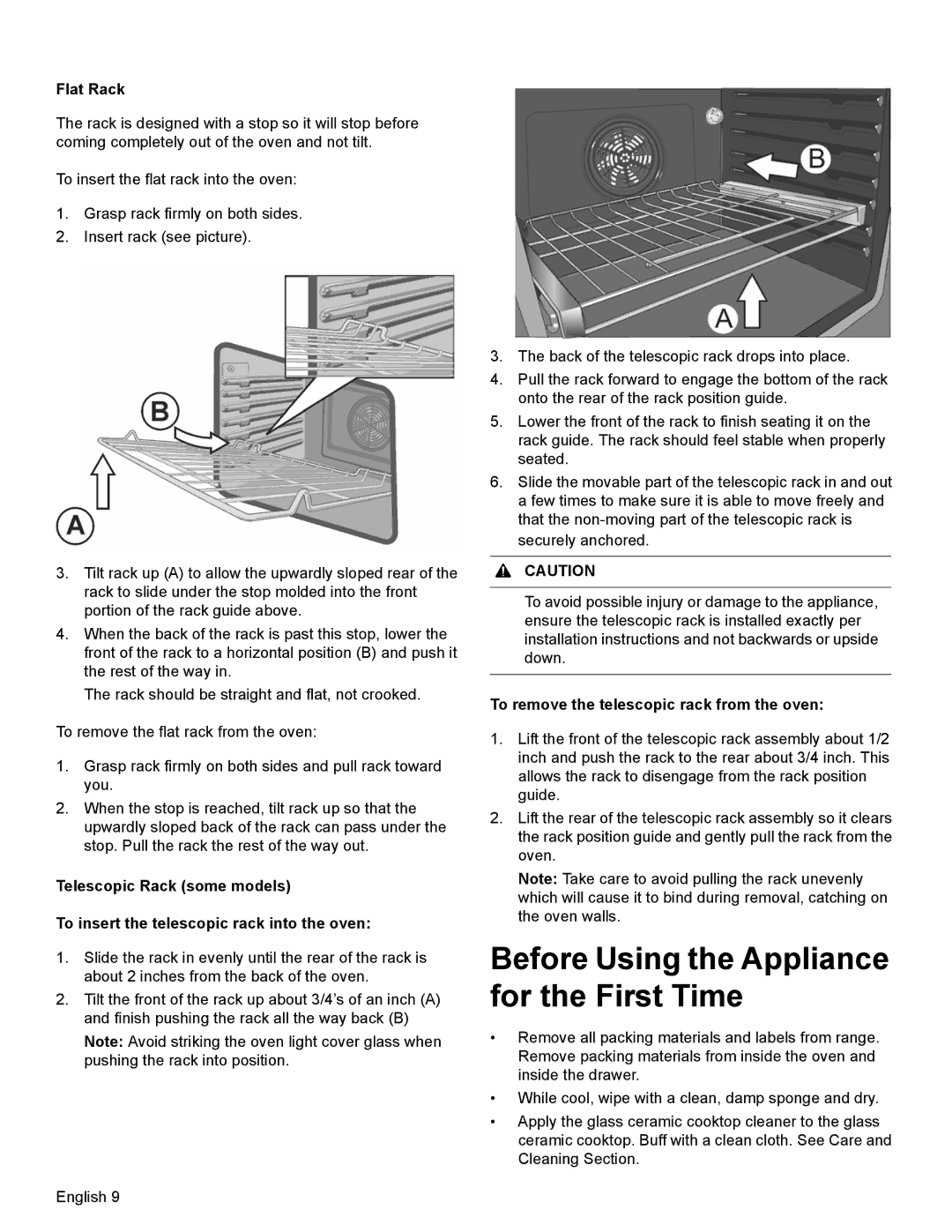 Bosch Appliances HEI8054U manual Before Using the Appliance for the First Time, To remove the telescopic rack from the oven 