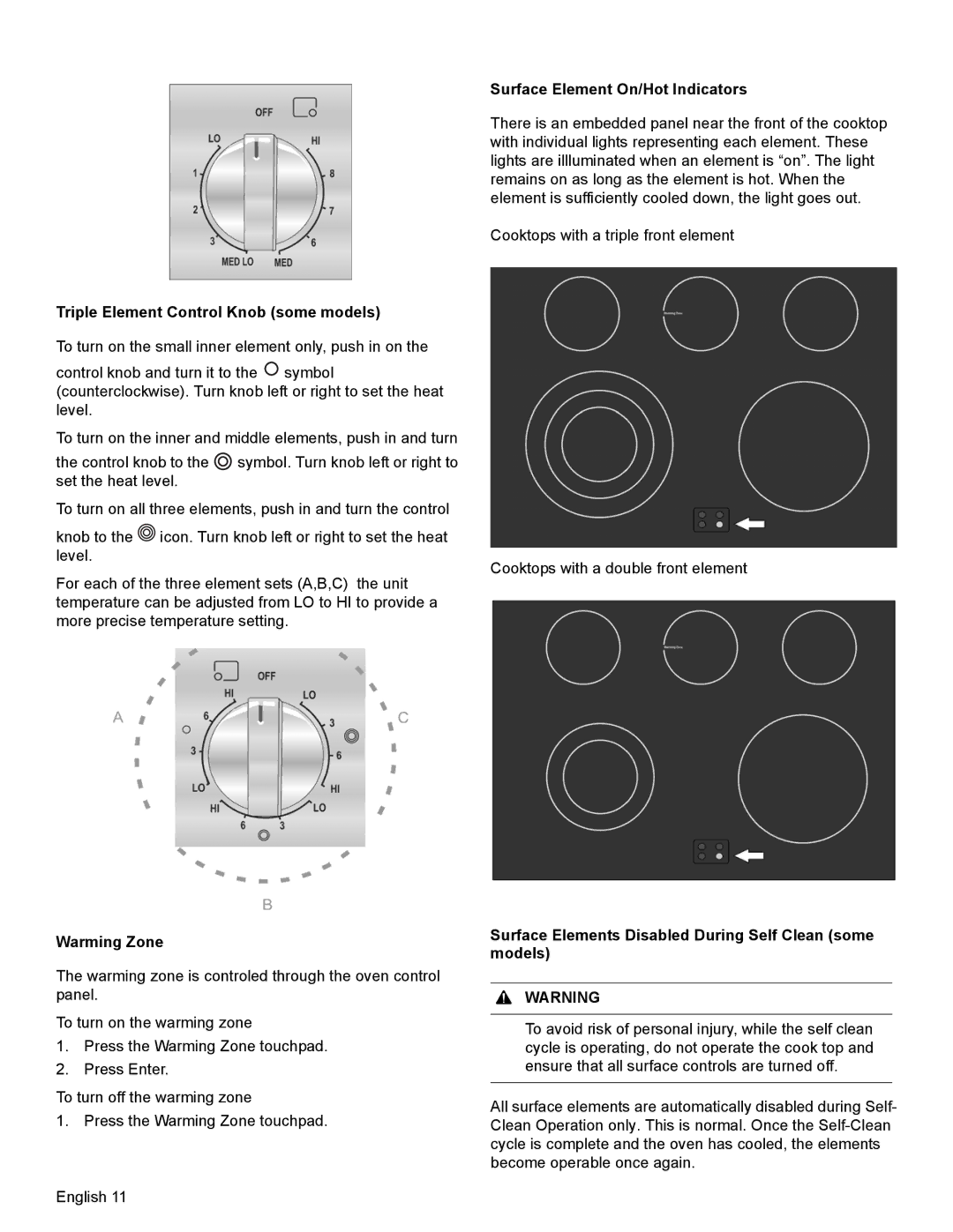 Bosch Appliances HEI8054U manual Triple Element Control Knob some models, Surface Element On/Hot Indicators 