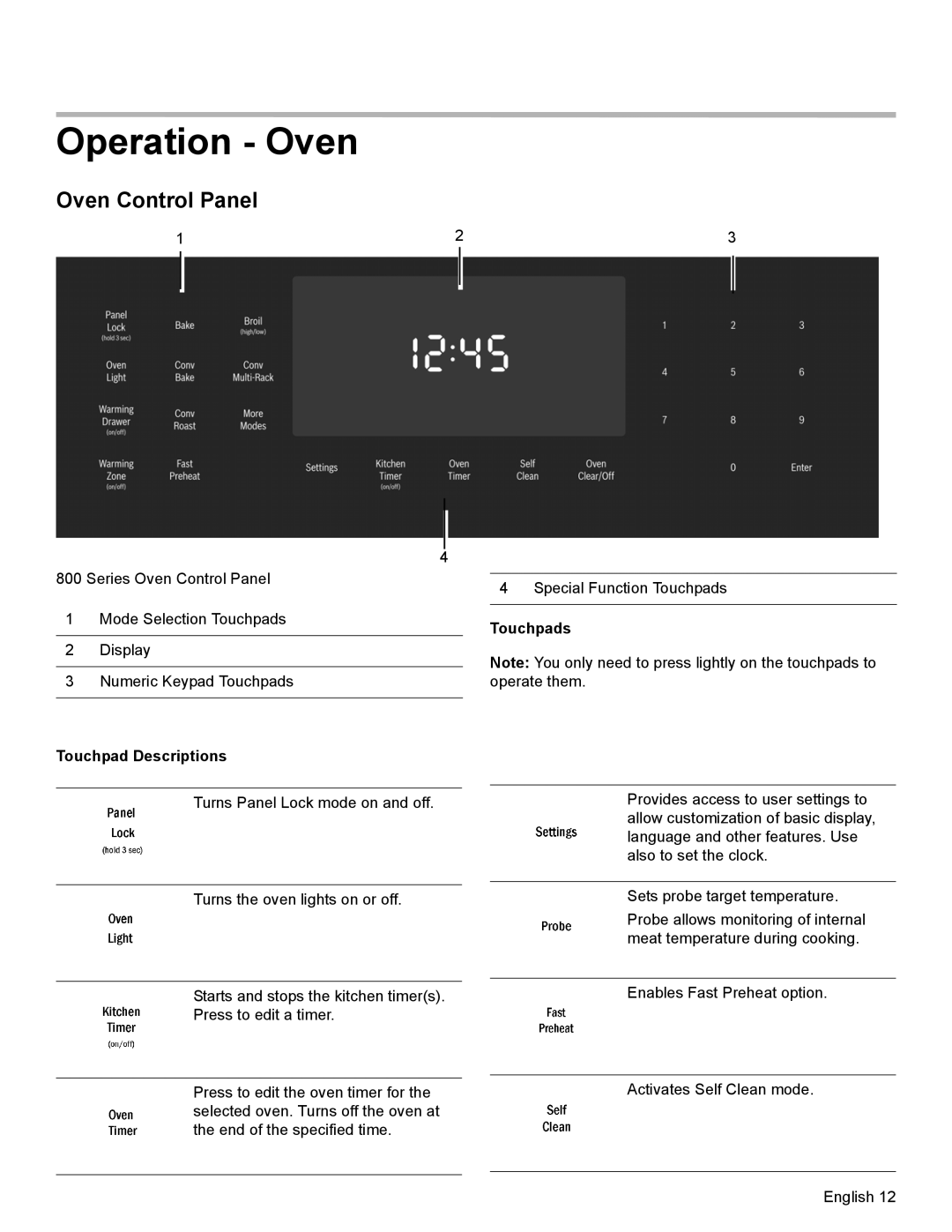 Bosch Appliances HEI8054U manual Operation Oven, Oven Control Panel, Touchpads Touchpad Descriptions 