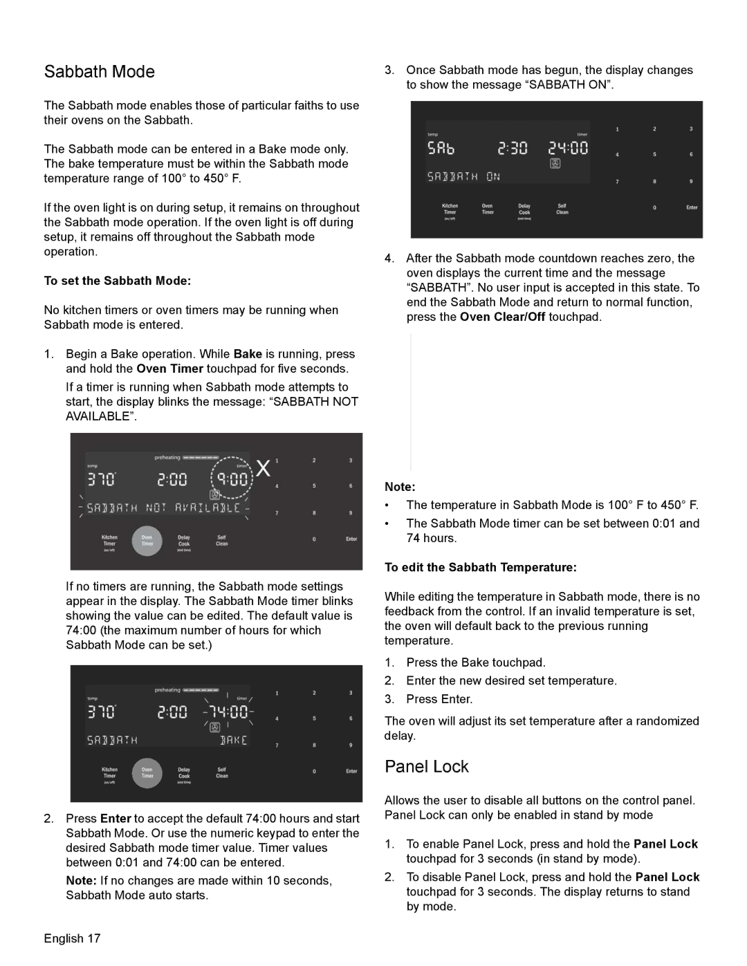 Bosch Appliances HEI8054U manual Panel Lock, To set the Sabbath Mode, To edit the Sabbath Temperature 