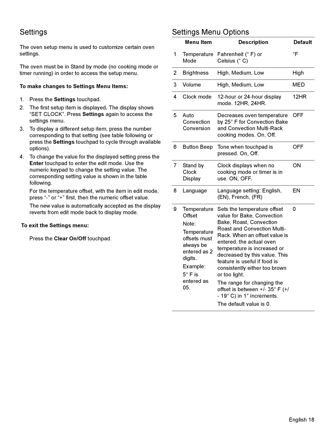 Bosch Appliances HEI8054U Settings Menu Options, To make changes to Settings Menu Items, To exit the Settings menu 