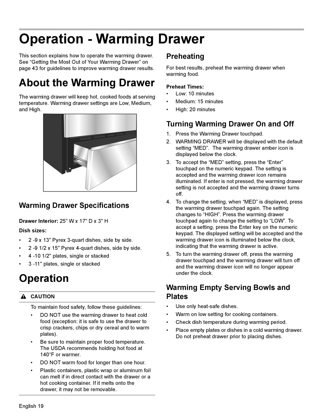 Bosch Appliances HEI8054U manual About the Warming Drawer, Preheating, Warming Drawer Specifications 