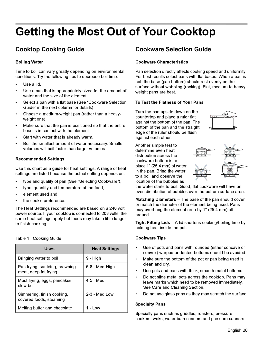 Bosch Appliances HEI8054U manual Cooktop Cooking Guide 