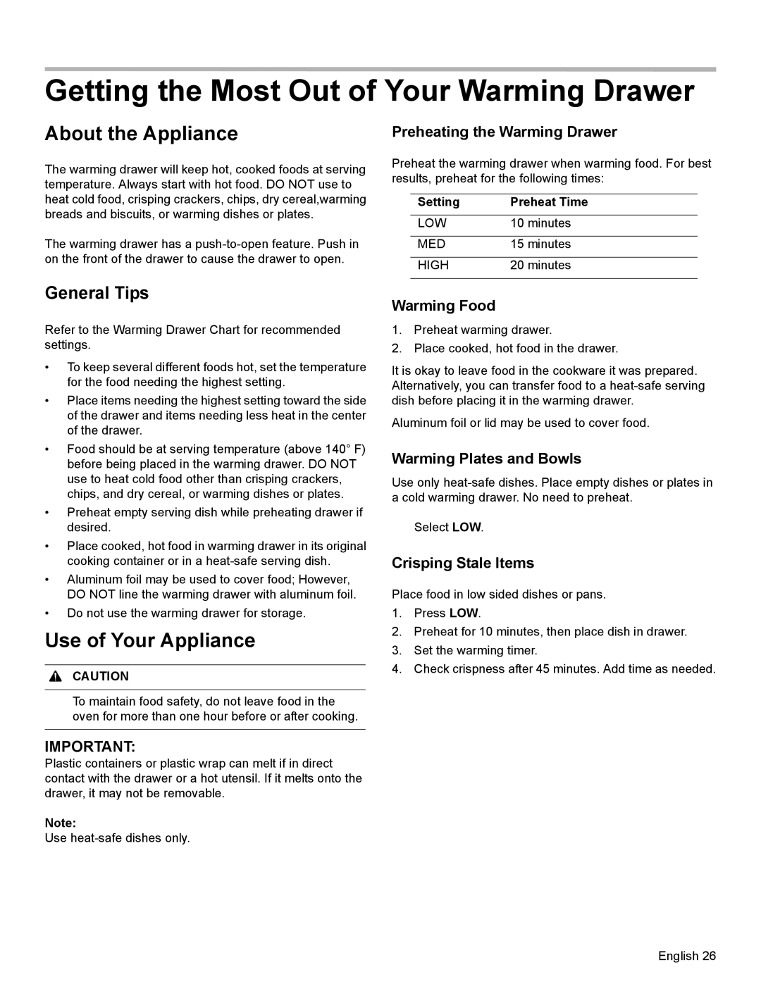 Bosch Appliances HEI8054U Getting the Most Out of Your Warming Drawer, About the Appliance, Use of Your Appliance, Setting 