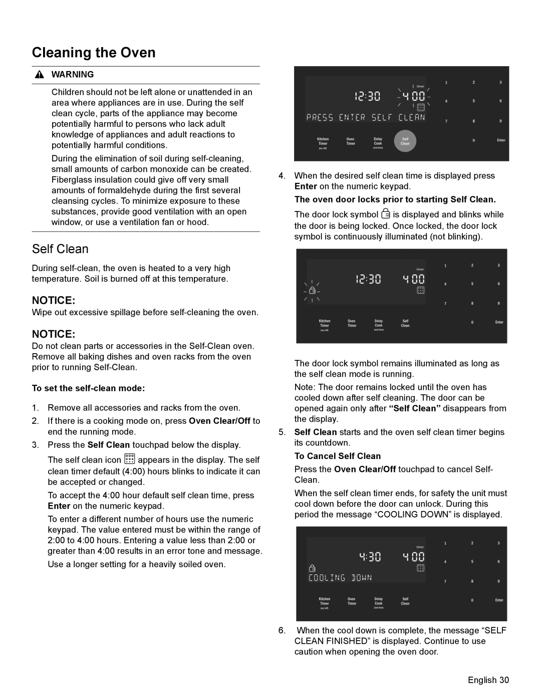 Bosch Appliances HEI8054U manual Cleaning the Oven, To set the self-clean mode, To Cancel Self Clean 