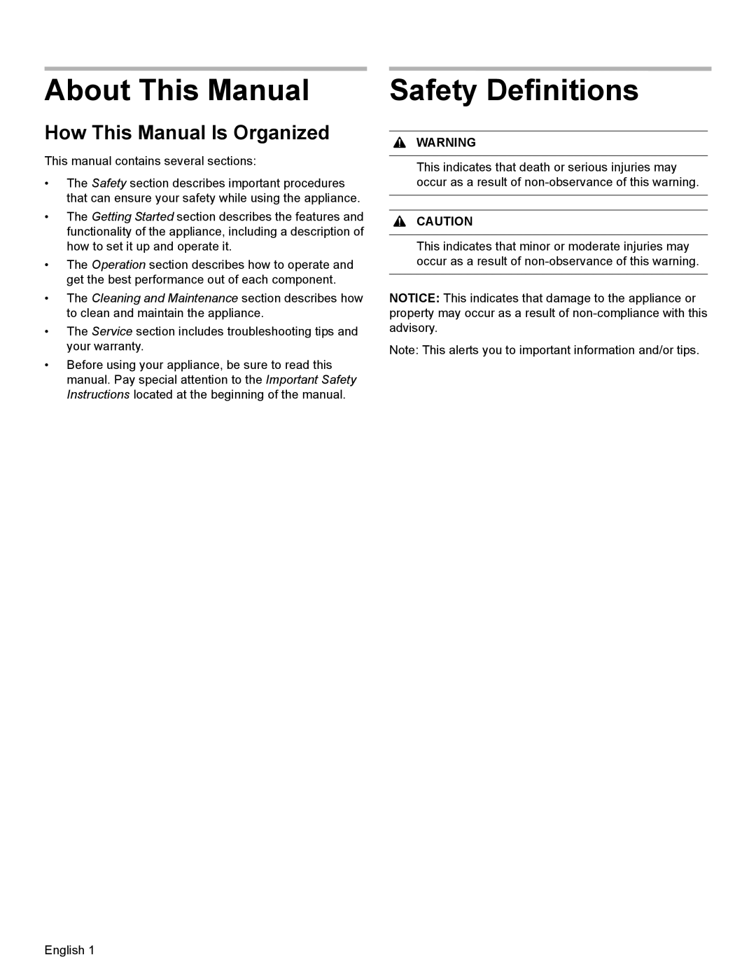 Bosch Appliances HEI8054U manual About This Manual, Safety Definitions, How This Manual Is Organized 