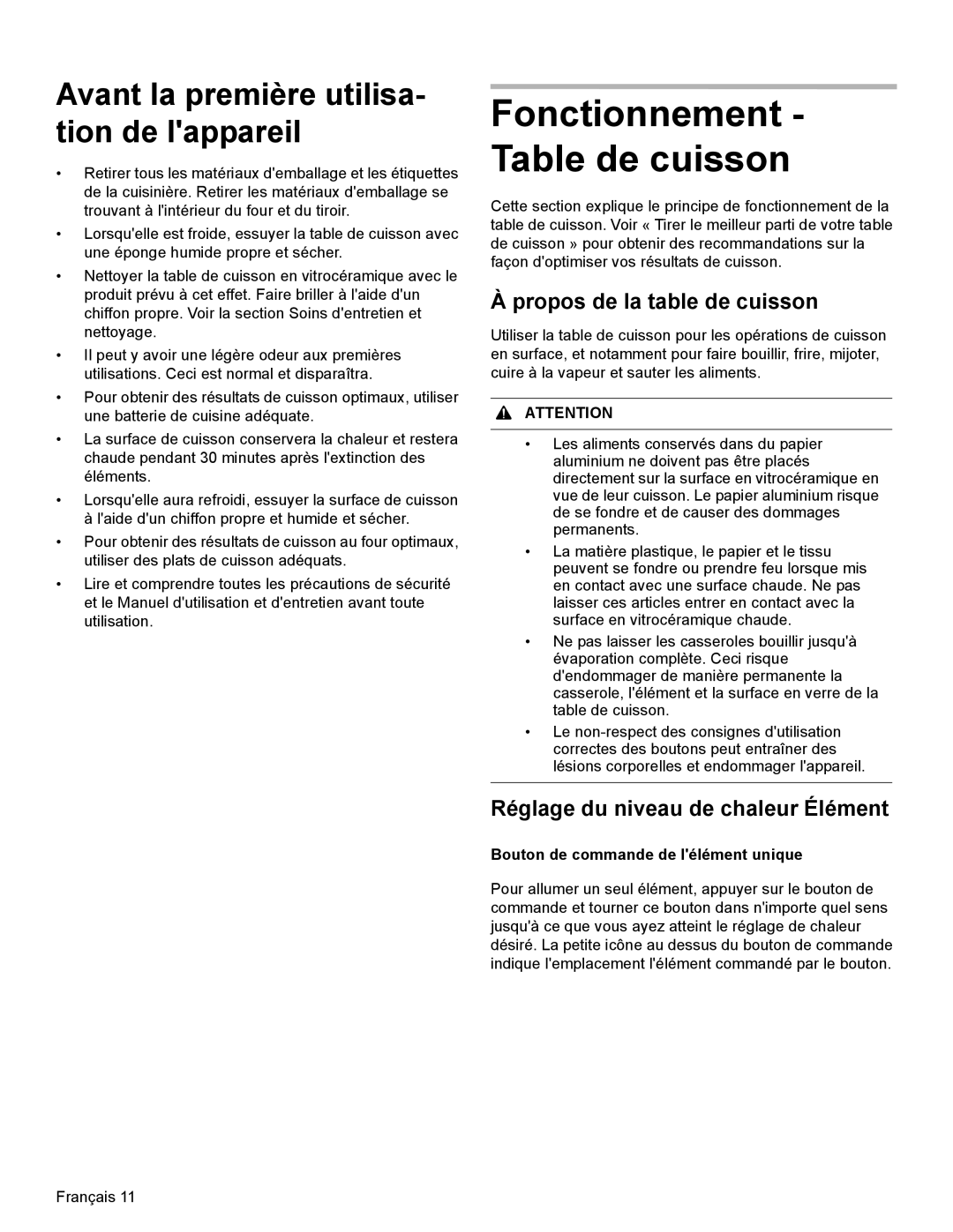 Bosch Appliances HEI8054U manual Fonctionnement Table de cuisson, Avant la première utilisa- tion de lappareil 