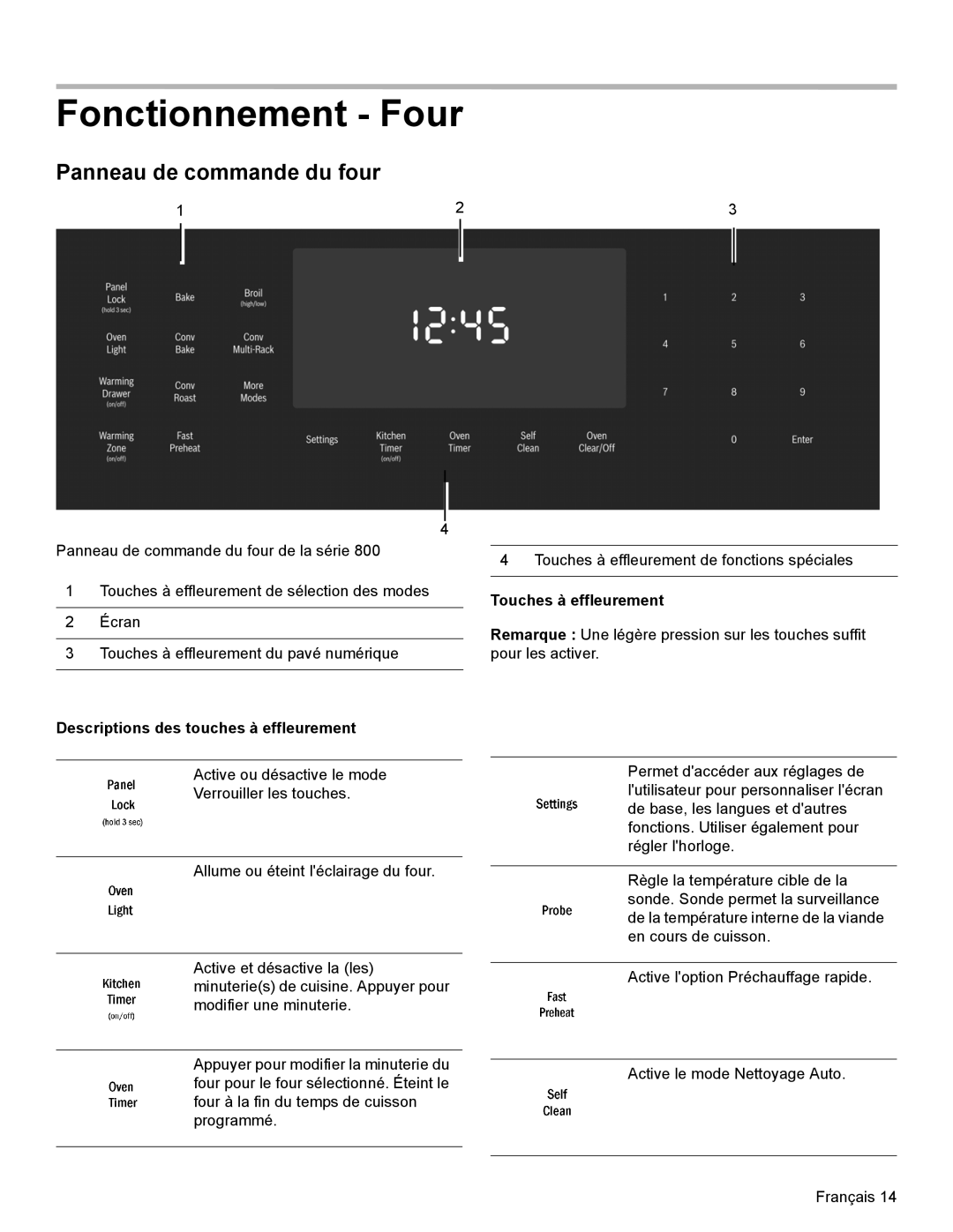 Bosch Appliances HEI8054U manual Fonctionnement Four, Panneau de commande du four, Touches à effleurement 