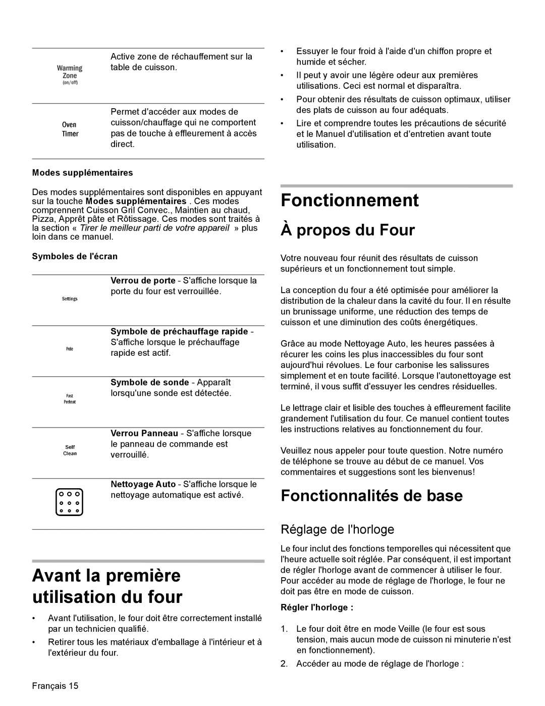 Bosch Appliances HEI8054U manual Fonctionnement, Propos du Four, Fonctionnalités de base, Réglage de lhorloge 