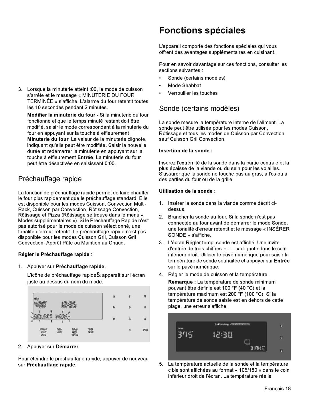 Bosch Appliances HEI8054U manual Fonctions spéciales, Préchauffage rapide, Sonde certains modèles 