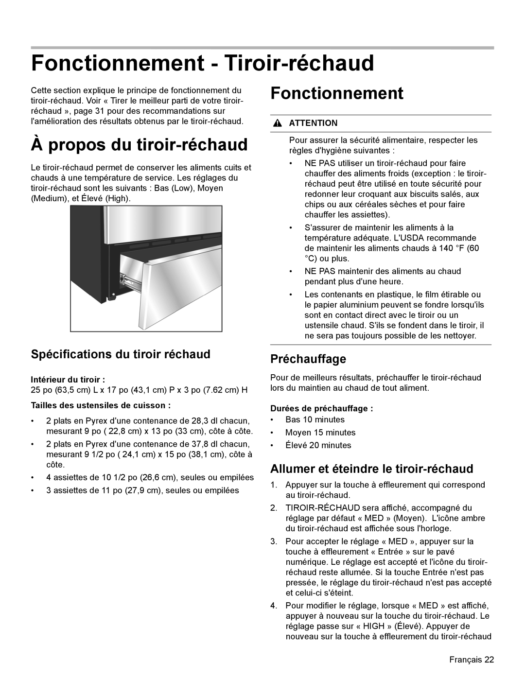 Bosch Appliances HEI8054U manual Propos du tiroir-réchaud, Spécifications du tiroir réchaud, Préchauffage 