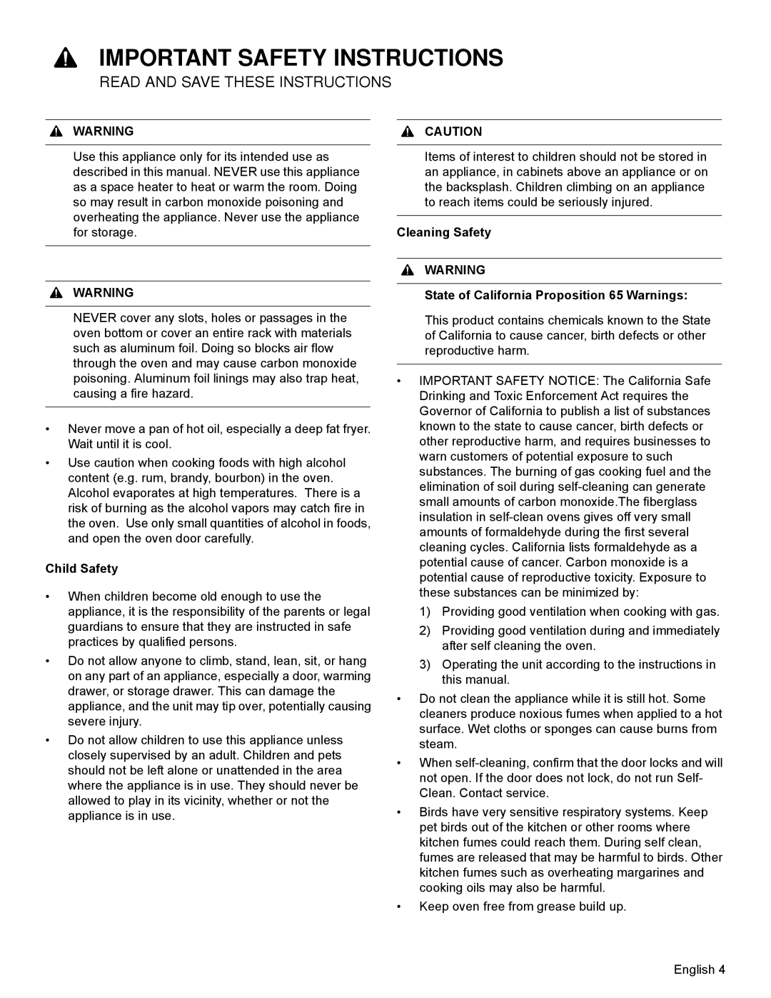 Bosch Appliances HEI8054U manual Child Safety, Cleaning Safety State of California Proposition 65 Warnings 