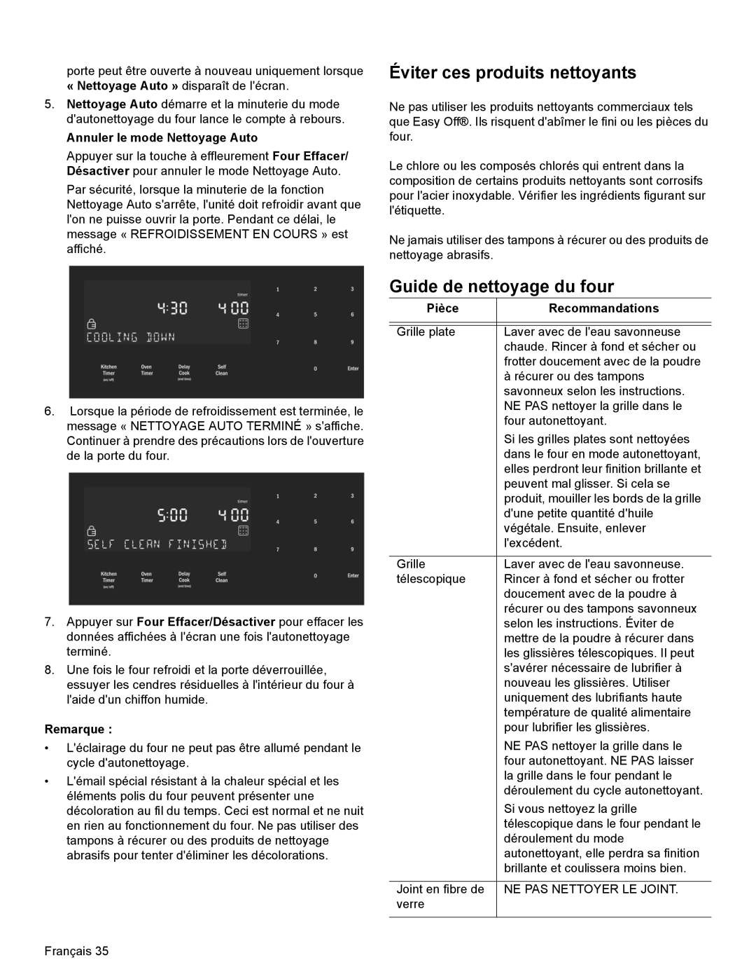 Bosch Appliances HEI8054U manual Éviter ces produits nettoyants, Guide de nettoyage du four, Annuler le mode Nettoyage Auto 