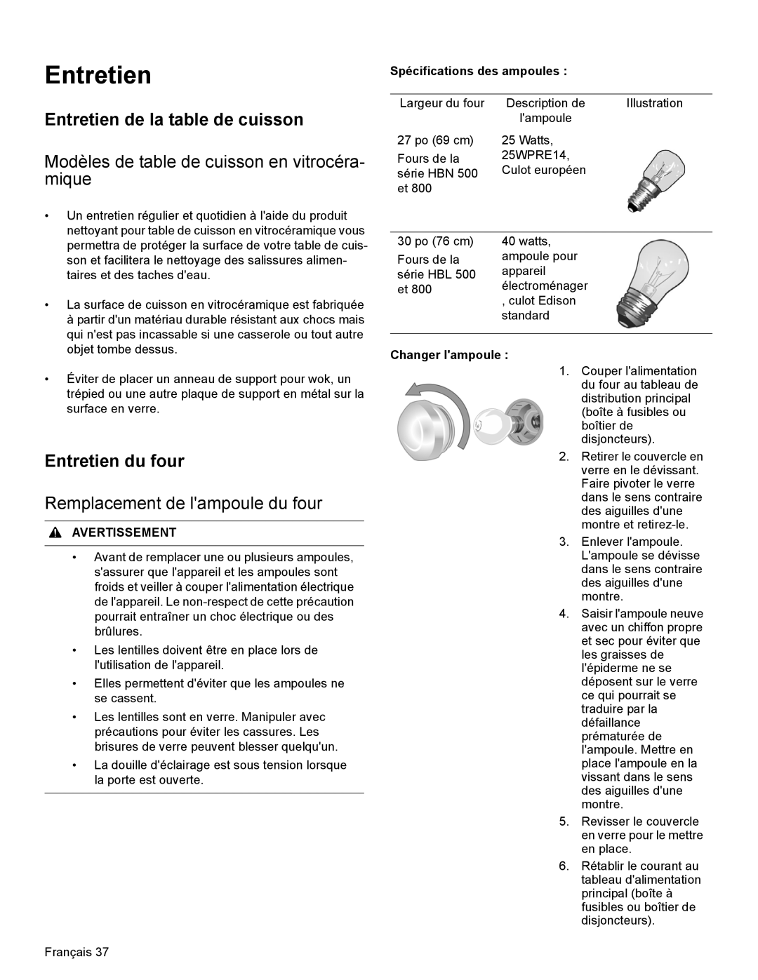 Bosch Appliances HEI8054U manual Entretien de la table de cuisson, Modèles de table de cuisson en vitrocéra- mique 