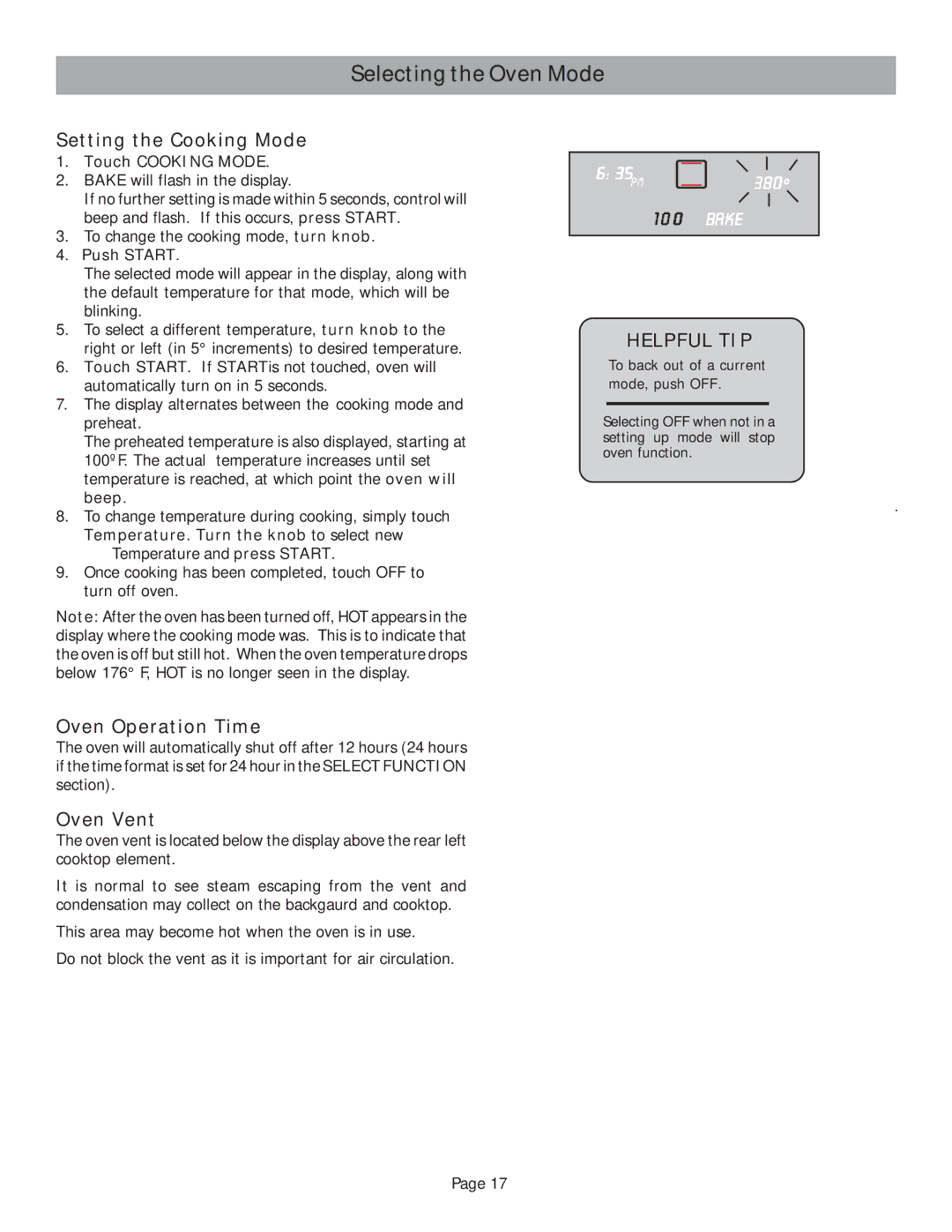 Bosch Appliances HES242U Selecting the Oven Mode, Setting the Cooking Mode, Oven Operation Time, Oven Vent, Helpful TIP 