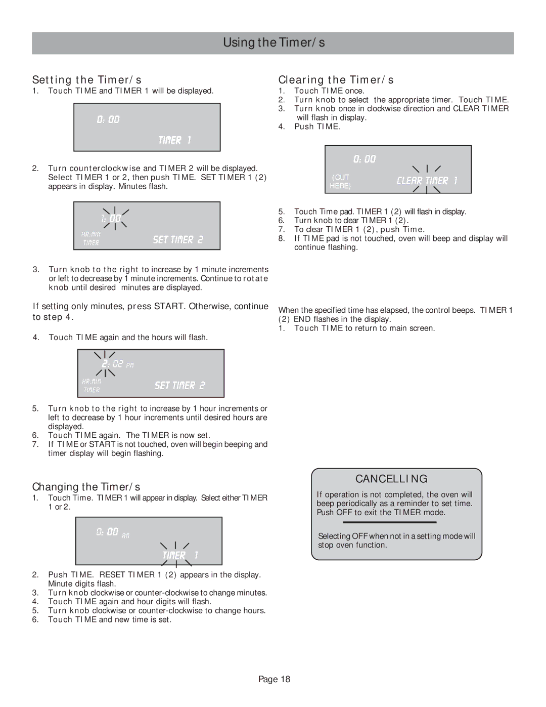 Bosch Appliances HES245U Using the Timer/s, Setting the Timer/s, Clearing the Timer/s, Changing the Timer/s, Cancelling 