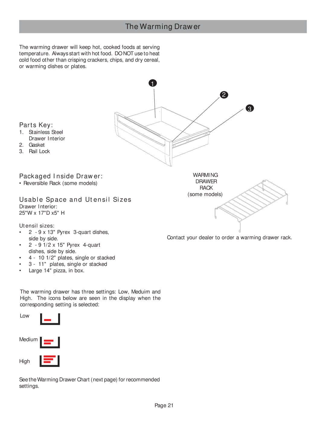 Bosch Appliances HES246U Warming Drawer, Parts Key, Packaged Inside Drawer, Usable Space and Utensil Sizes, Utensil sizes 