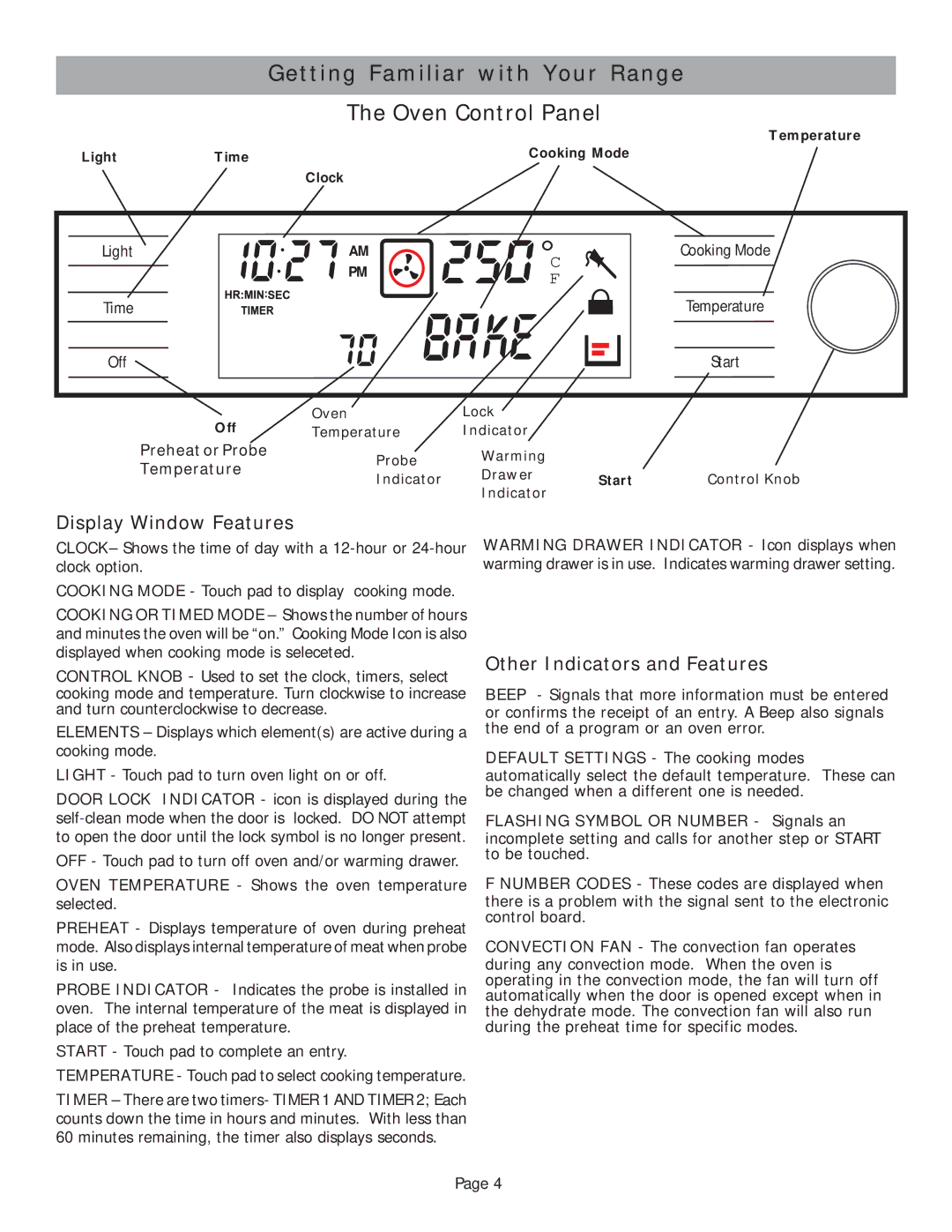 Bosch Appliances HES245U, HES252U, HES247U Getting Familiar with Your Range Oven Control Panel, Display Window Features 