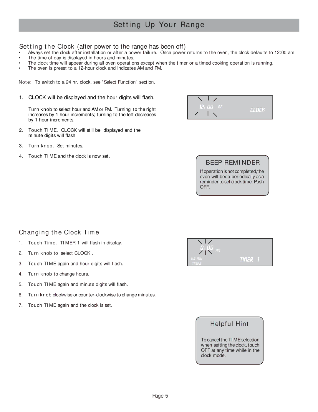 Bosch Appliances HES252U, HES245U, HES247U manual Setting Up Your Range, Changing the Clock Time, Beep Reminder, Helpful Hint 