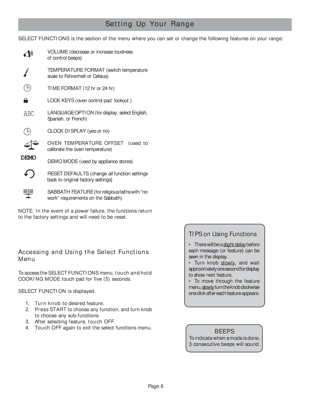 Bosch Appliances HES247U, HES245U, HES252U Accessing and Using the Select Functions Menu, Tips on Using Functions, Beeps 