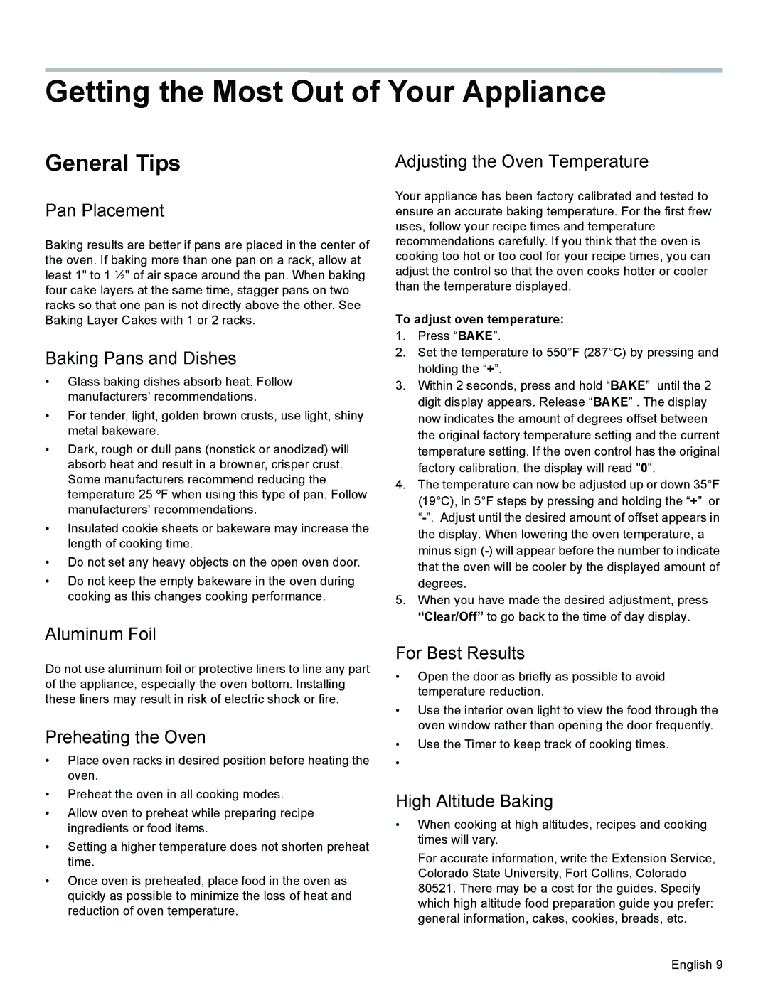 Bosch Appliances HES3023U manual Getting the Most Out of Your Appliance, General Tips 