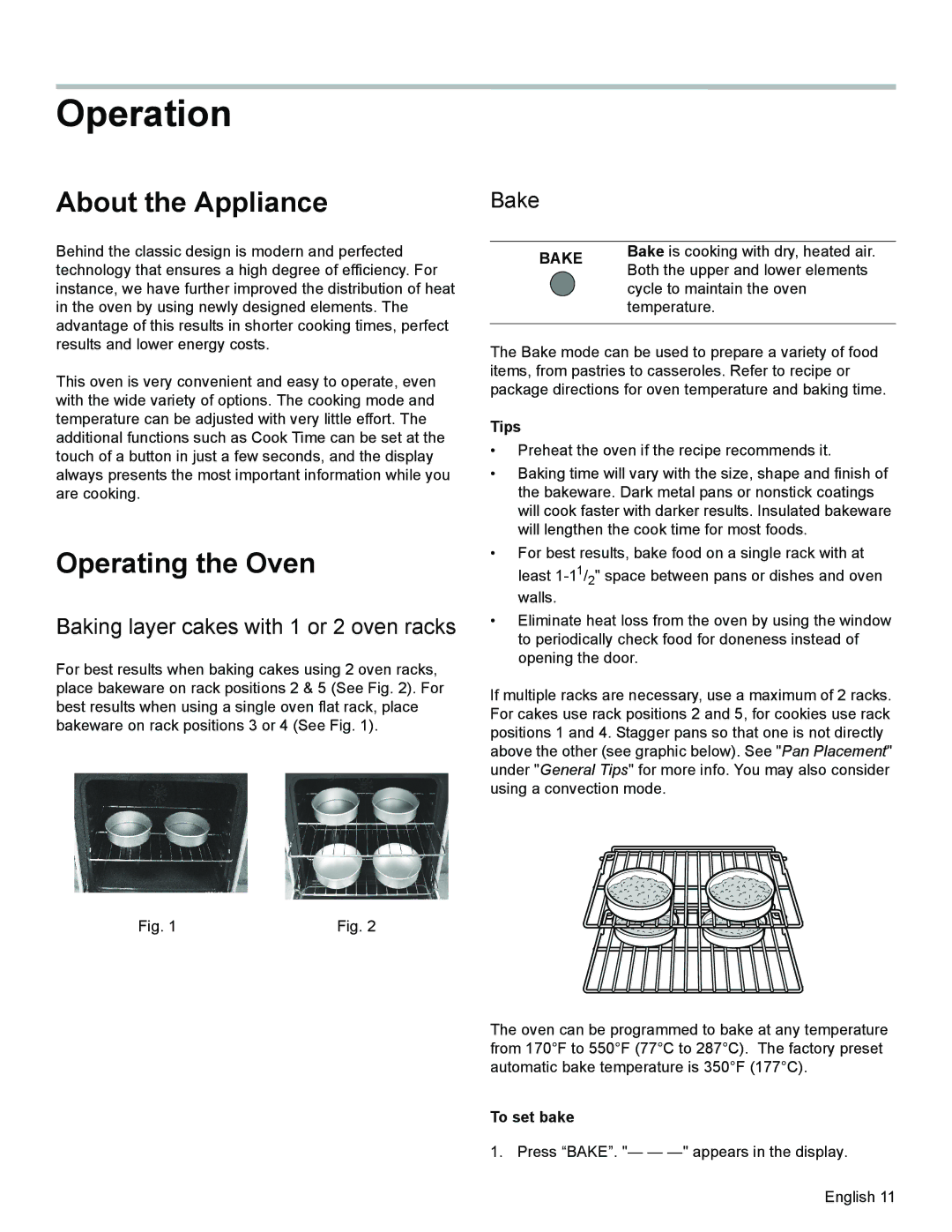 Bosch Appliances HES3023U Operation, About the Appliance, Operating the Oven, Baking layer cakes with 1 or 2 oven racks 