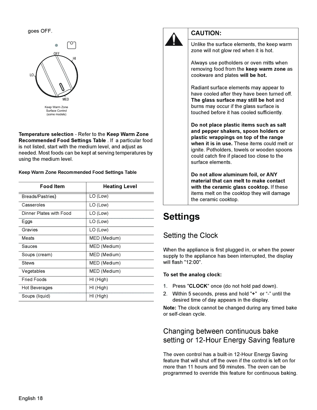 Bosch Appliances HES3023U manual Settings, Setting the Clock, Food Item Heating Level, To set the analog clock 