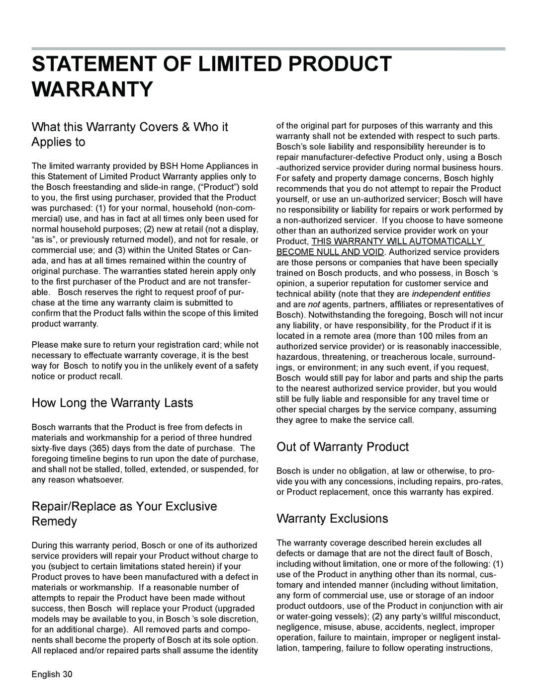 Bosch Appliances HES3023U What this Warranty Covers & Who it Applies to, How Long the Warranty Lasts, Warranty Exclusions 