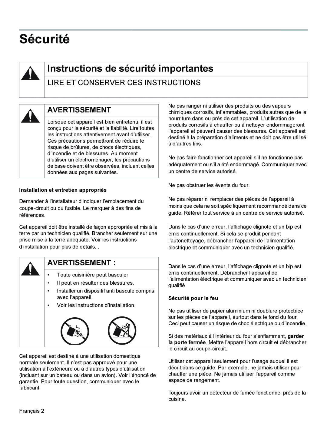 Bosch Appliances HES3023U manual Sécurité, Instructions de sécurité importantes, Installation et entretien appropriés 