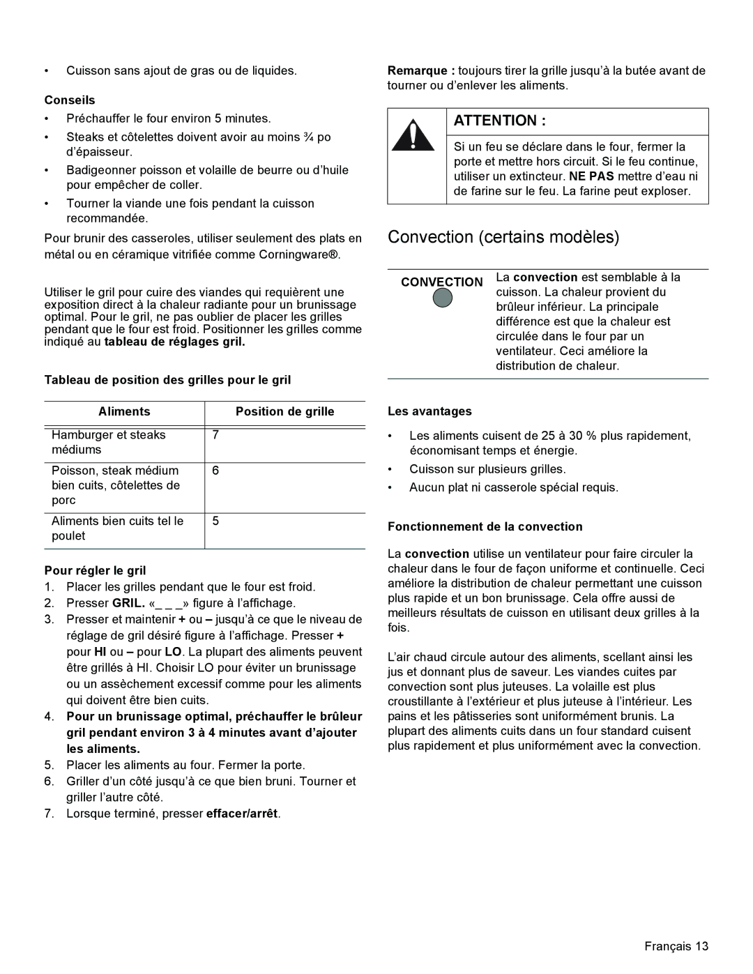 Bosch Appliances HES3023U Convection certains modèles, Pour régler le gril, Les avantages, Fonctionnement de la convection 