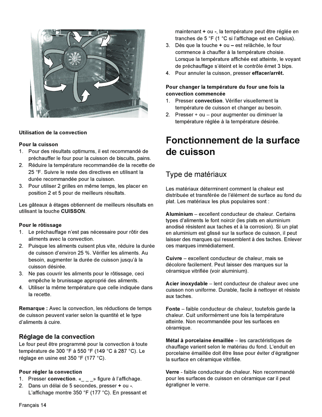 Bosch Appliances HES3023U manual Fonctionnement de la surface de cuisson, Type de matériaux, Pour le rôtissage 