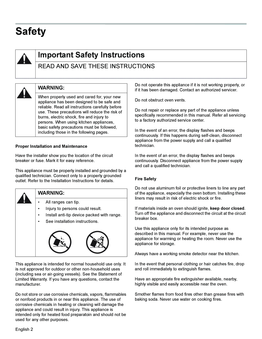 Bosch Appliances HES3023U manual Important Safety Instructions, Proper Installation and Maintenance, Fire Safety 