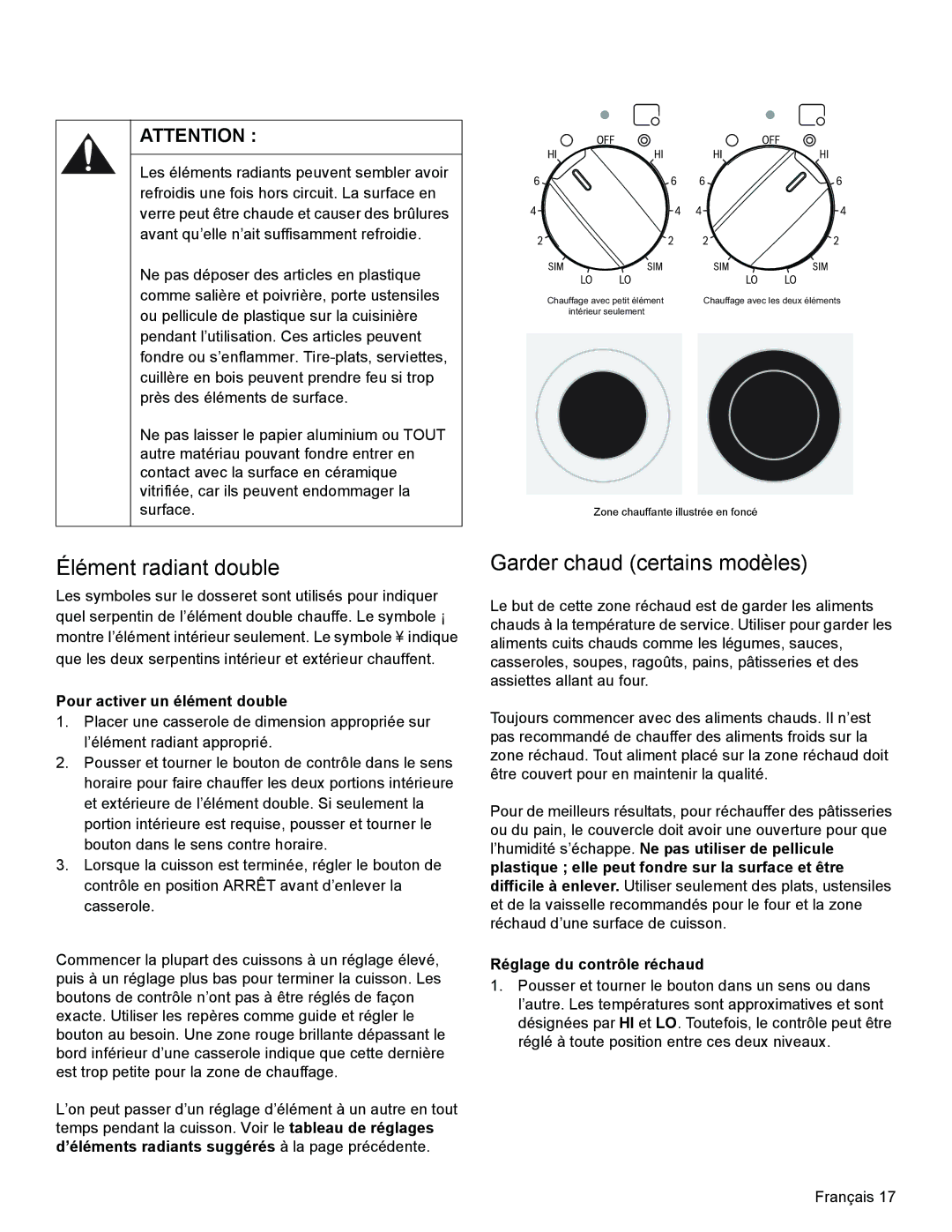 Bosch Appliances HES3023U manual Élément radiant double, Garder chaud certains modèles, Pour activer un élément double 