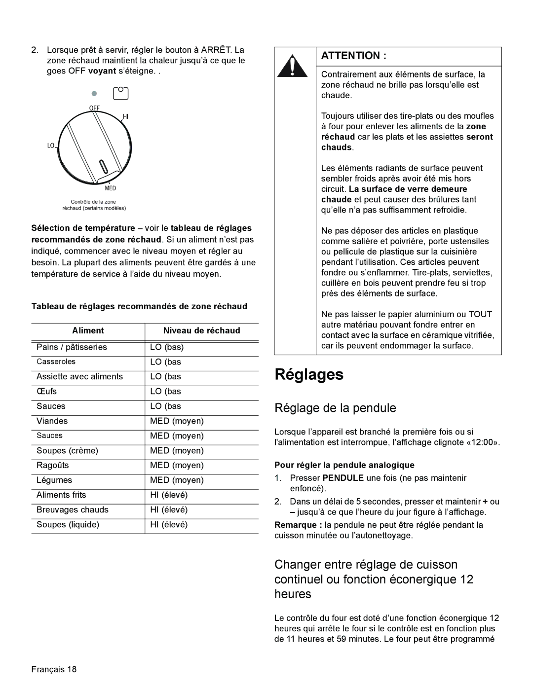 Bosch Appliances HES3023U manual Réglages, Réglage de la pendule, Pour régler la pendule analogique 