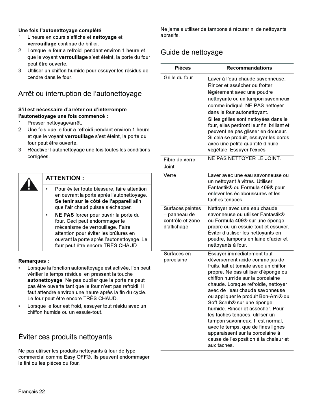 Bosch Appliances HES3023U Arrêt ou interruption de l’autonettoyage, Éviter ces produits nettoyants, Guide de nettoyage 