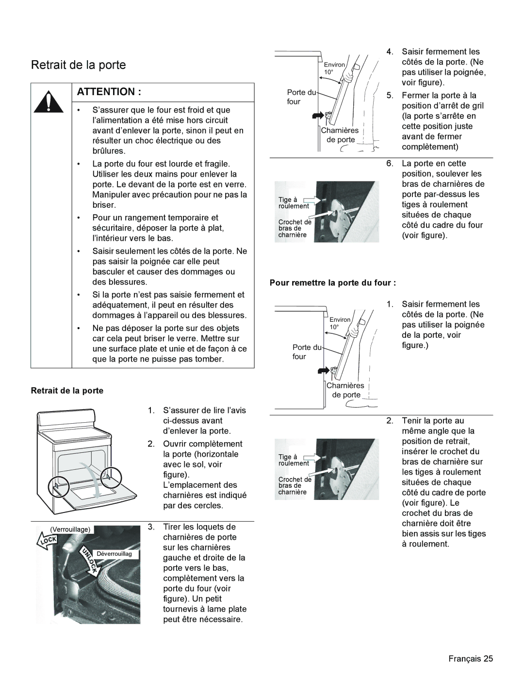 Bosch Appliances HES3023U manual Retrait de la porte, Pour remettre la porte du four 