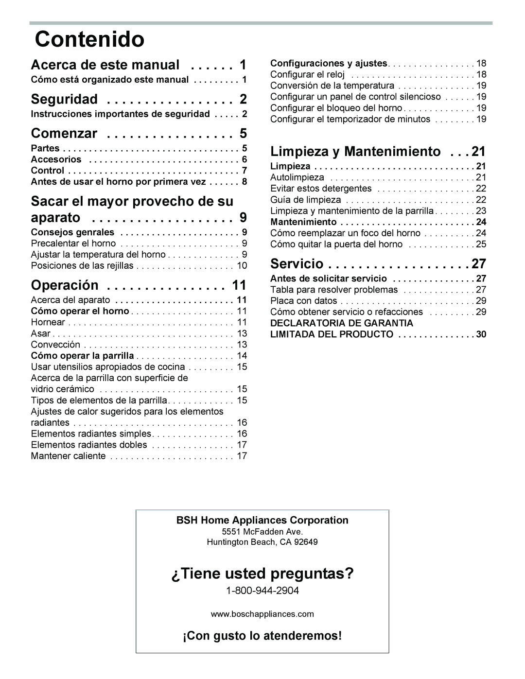 Bosch Appliances HES3023U manual Contenido, ¿Tiene usted preguntas? 