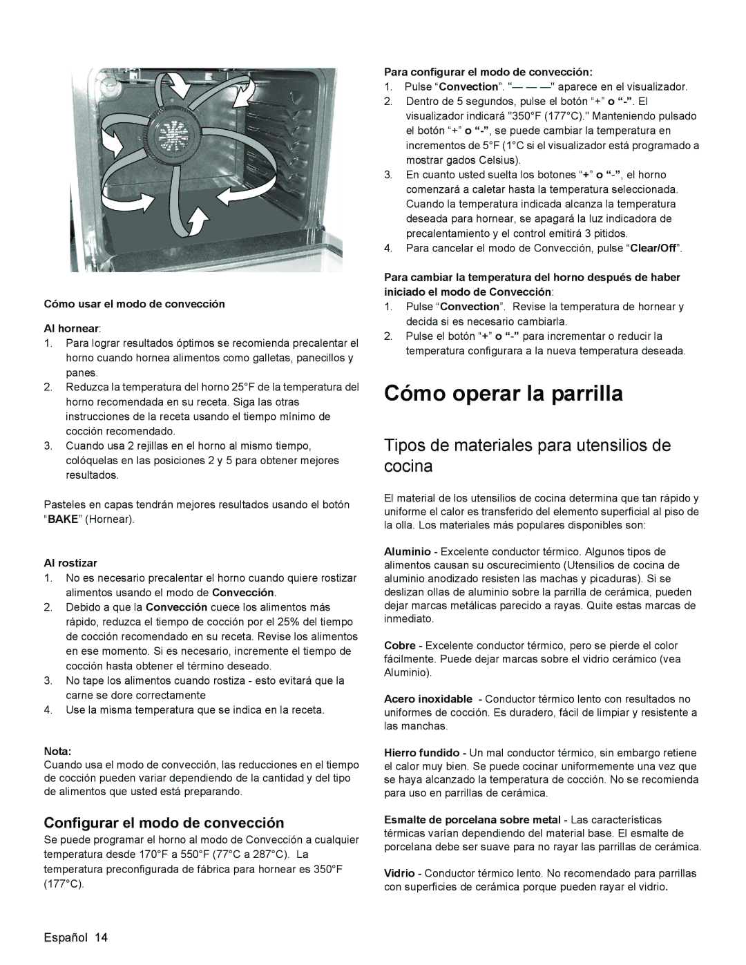 Bosch Appliances HES3023U manual Cómo operar la parrilla, Tipos de materiales para utensilios de cocina, Al rostizar 