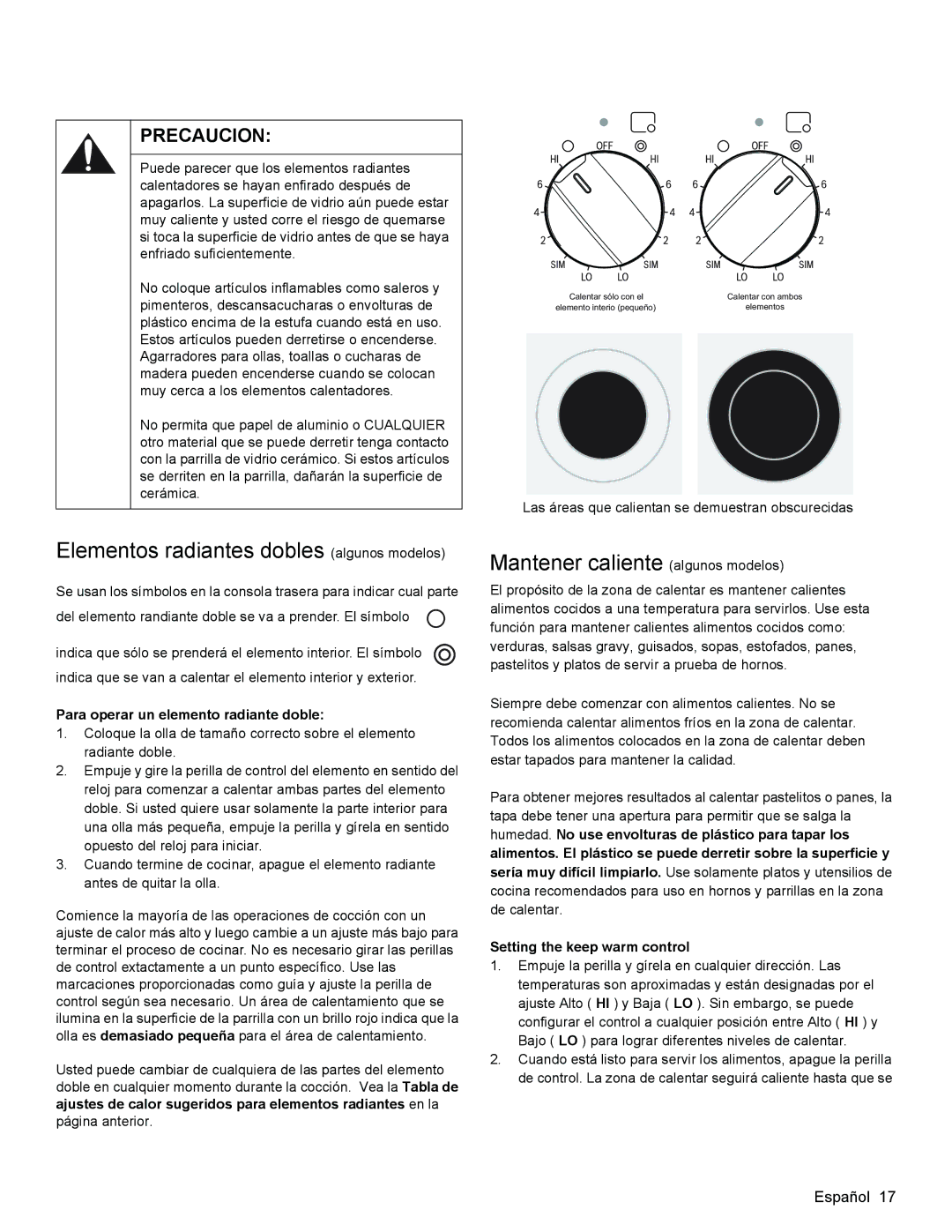 Bosch Appliances HES3023U manual Elementos radiantes dobles algunos modelos, Mantener caliente algunos modelos 