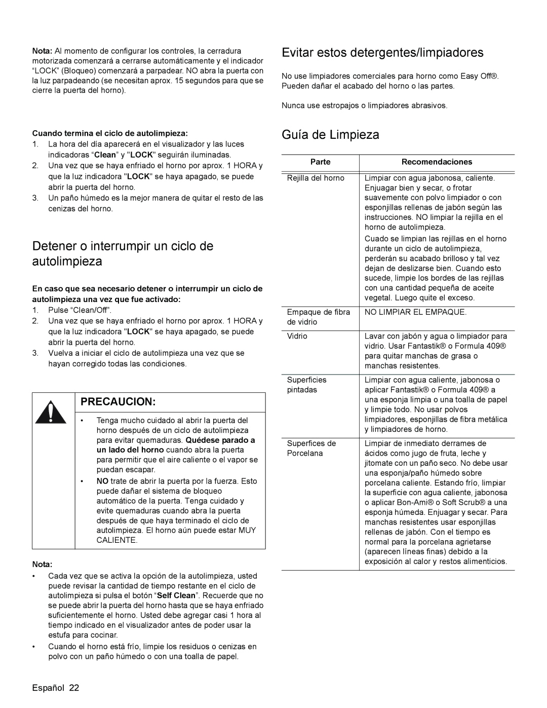 Bosch Appliances HES3023U manual Detener o interrumpir un ciclo de autolimpieza, Evitar estos detergentes/limpiadores 