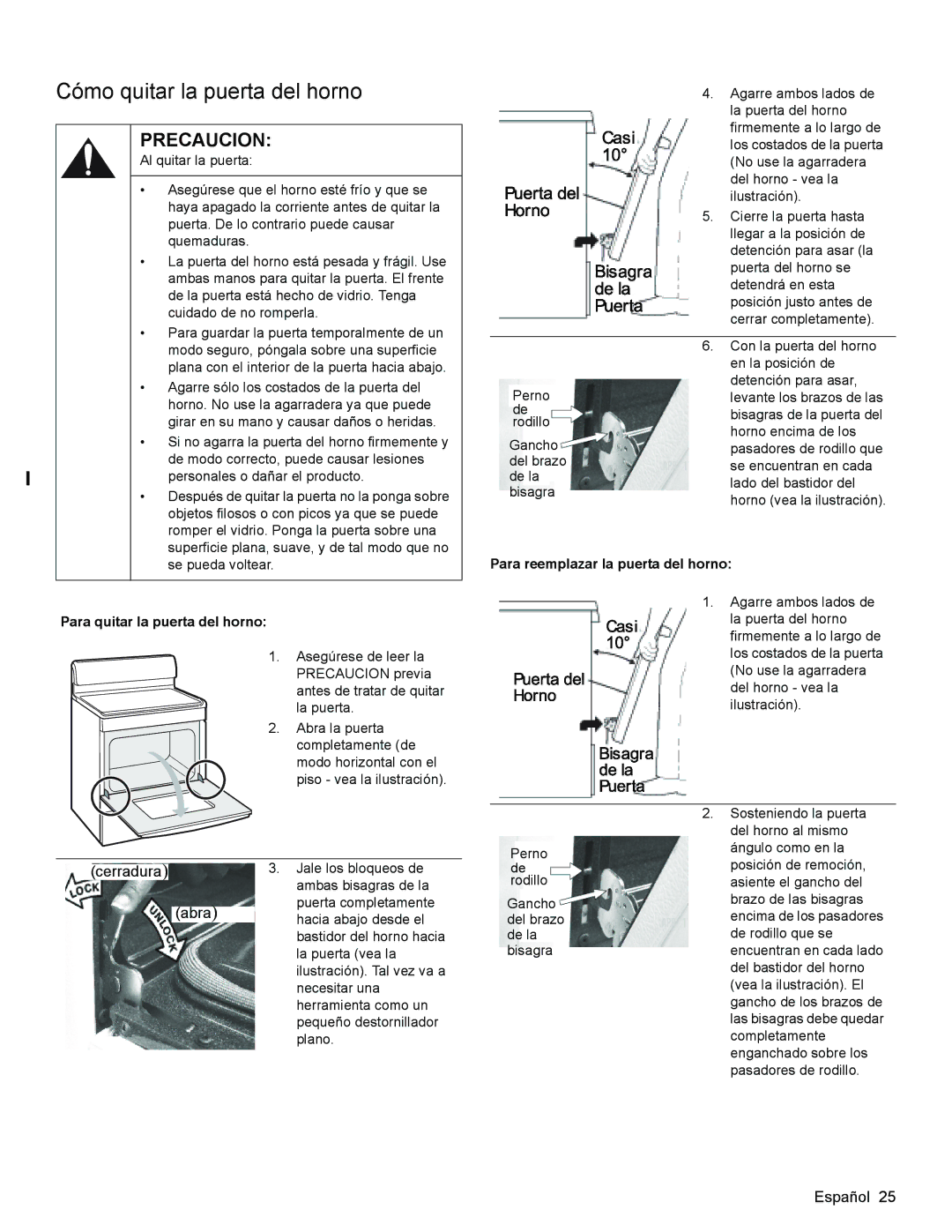 Bosch Appliances HES3023U manual Cómo quitar la puerta del horno, Cerradura Abra 