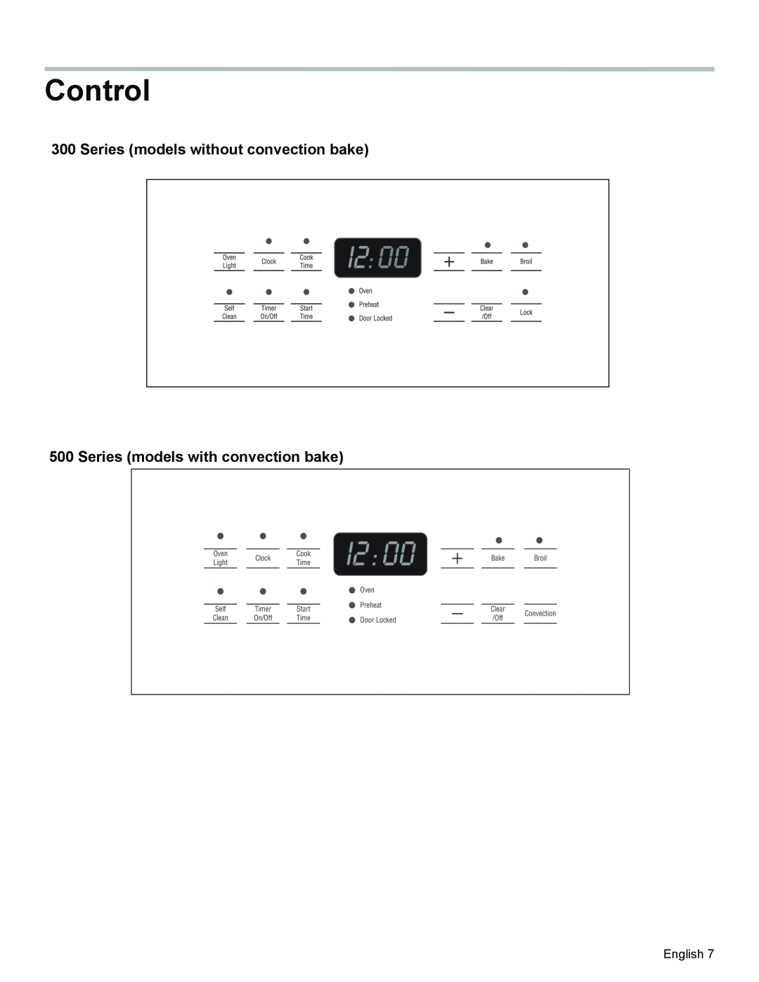 Bosch Appliances HES3053U manual Control, Oven, Clock, Cook, Preheat, Timer, Start, Bake Broil Clear, Clean, On/Off 