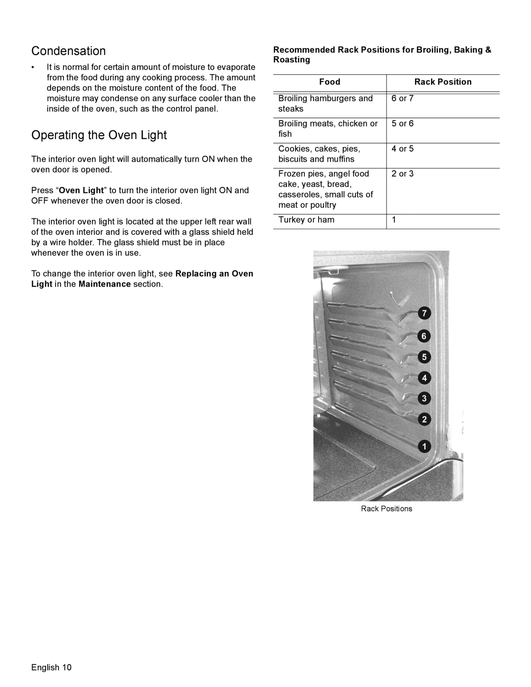 Bosch Appliances HES3053U manual Condensation, Operating the Oven Light, Food, Rack Position 