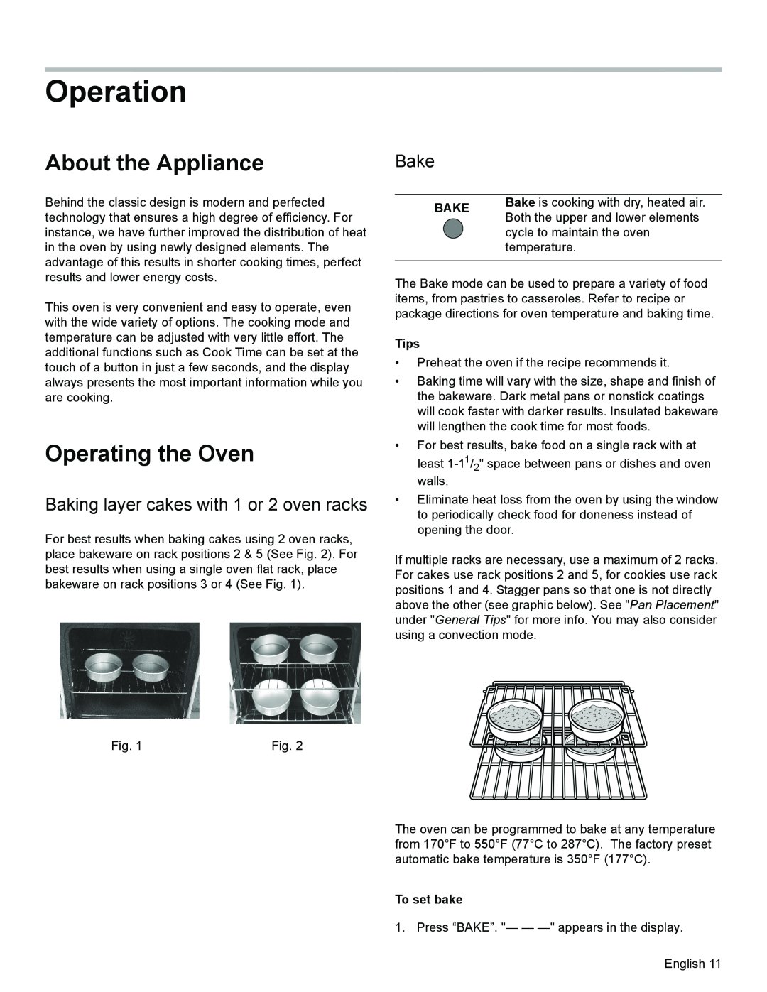 Bosch Appliances HES3053U Operation, About the Appliance, Operating the Oven, Baking layer cakes with 1 or 2 oven racks 