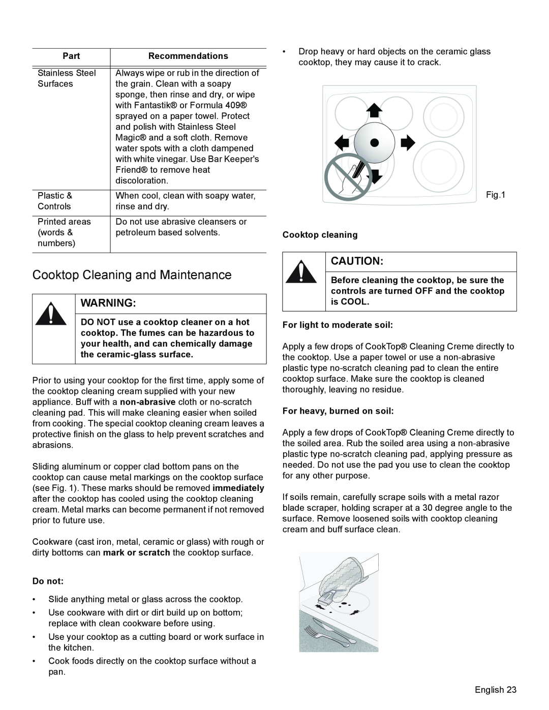 Bosch Appliances HES3053U manual Cooktop Cleaning and Maintenance, Part, Recommendations, Do not, Cooktop cleaning 