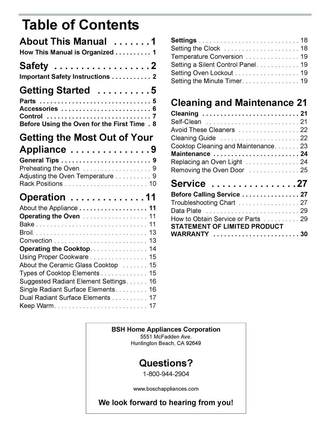 Bosch Appliances HES3053U Table of Contents, About This Manual, Safety, Getting Started, Operation, Service, Questions? 