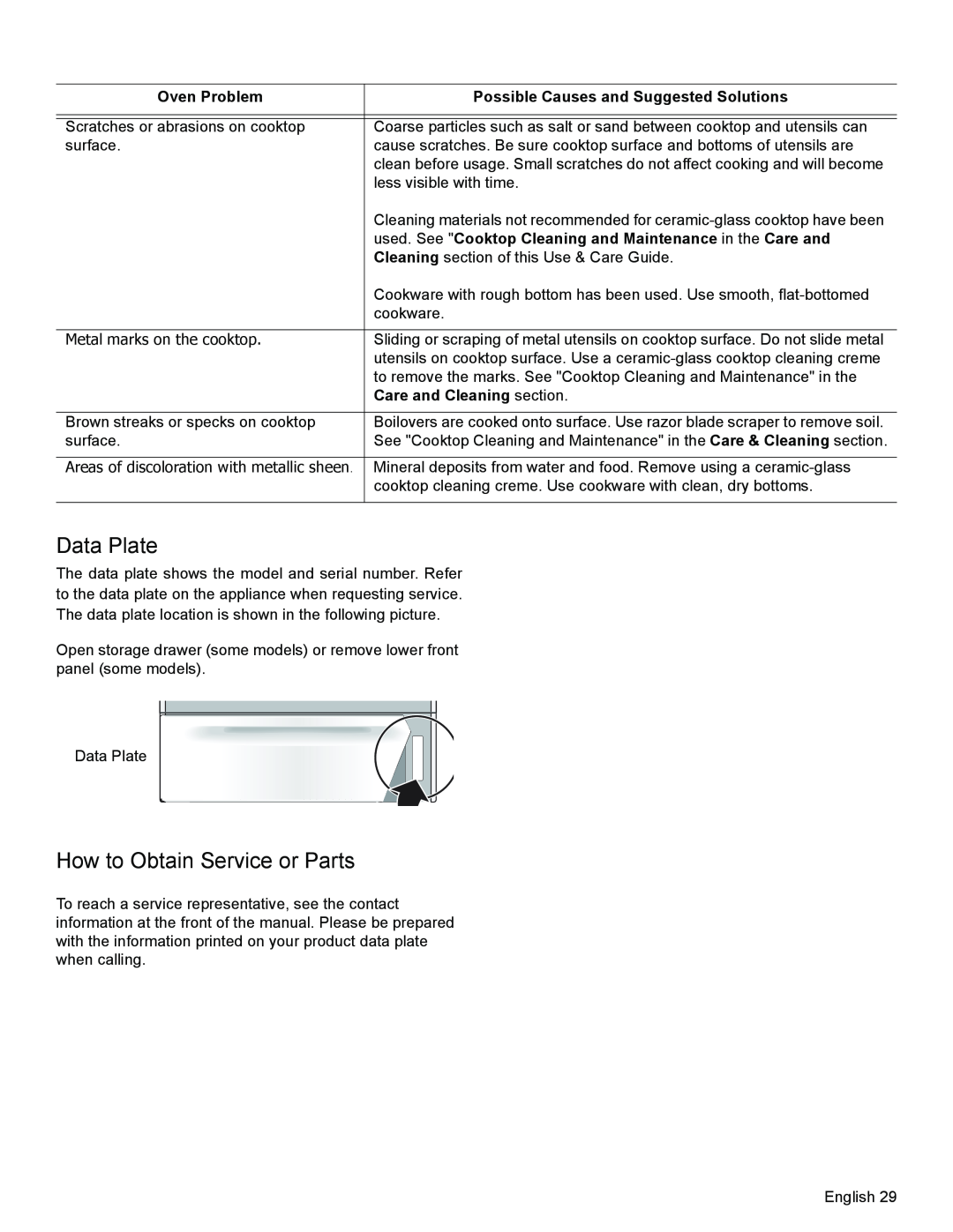 Bosch Appliances HES3053U manual Data Plate, How to Obtain Service or Parts, Oven Problem, Care and Cleaning section 